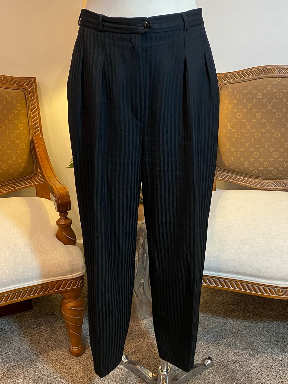 Vintage 80s Le Painty Paris Black Wool Pinstripe Trousers Pleated High Rise Pant